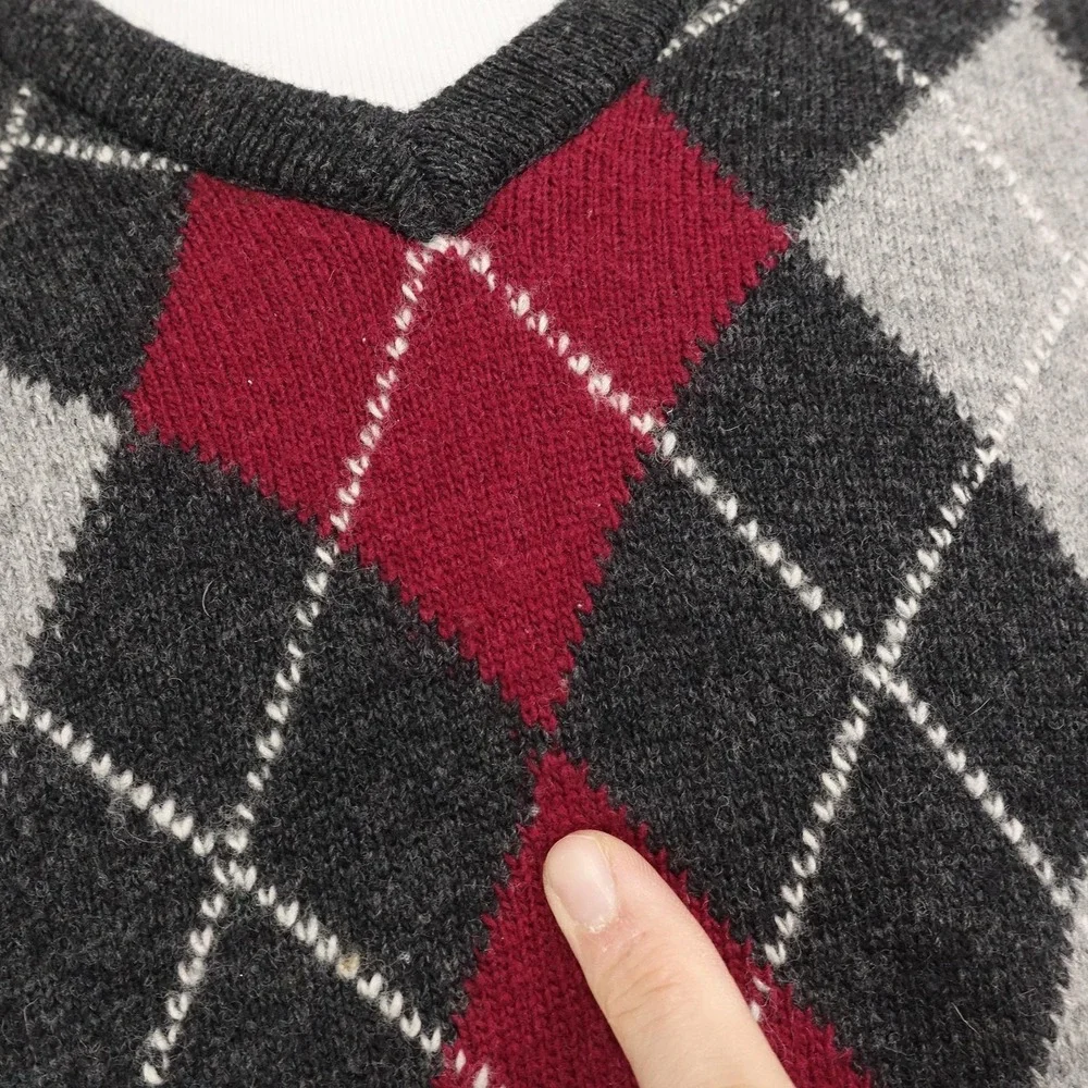 LL Bean Sweater Vest Mens M Gray Argyle V Neck Lambswool Irish Ireland Made